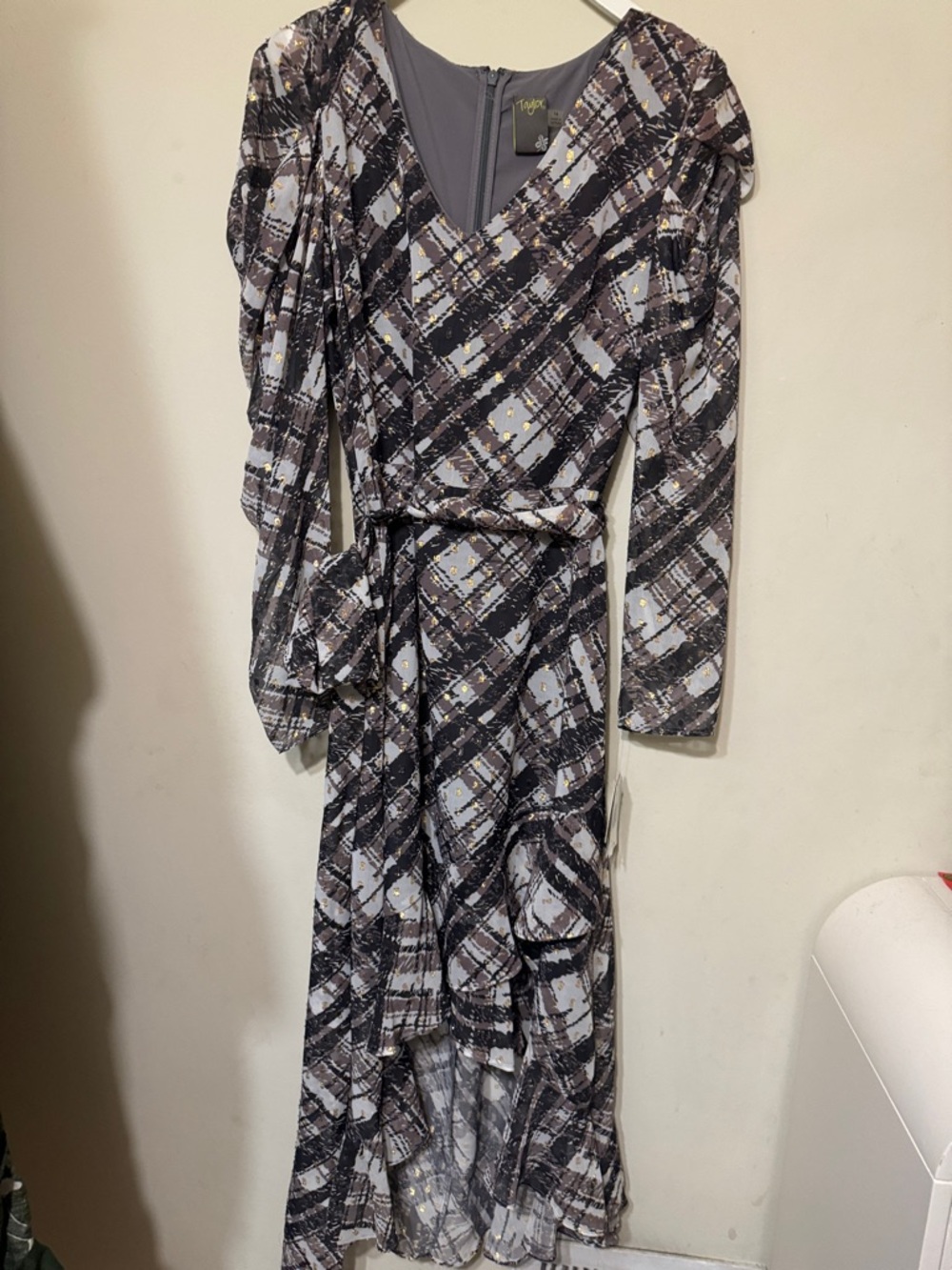 Taylor Black & Gray Plaid Long-Sleeve Wrap Dress with Gold Flecks